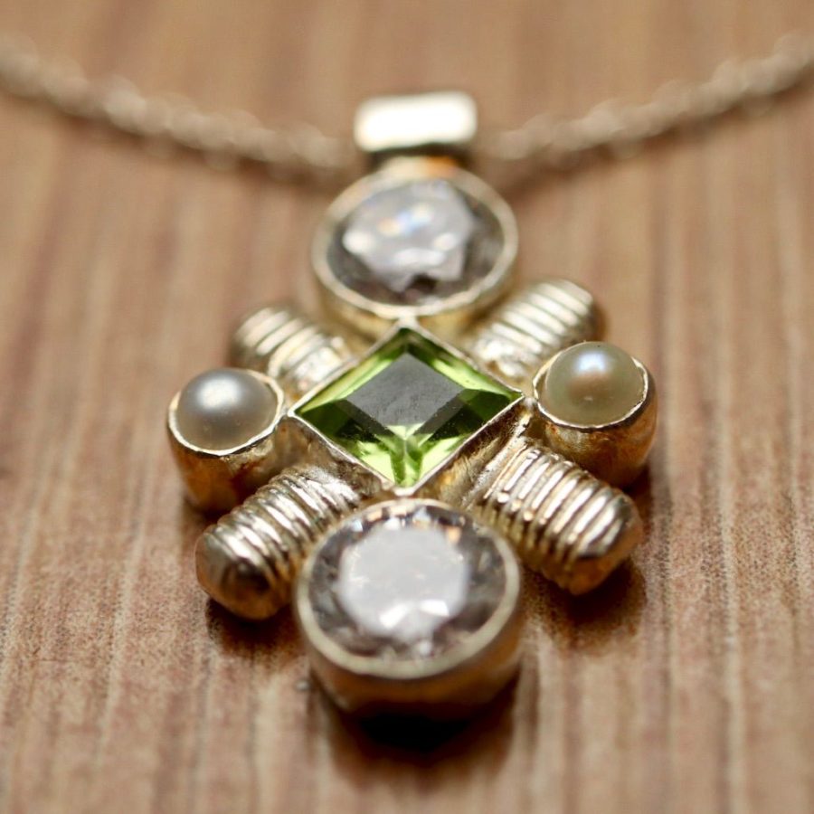 Jenny Lind Cubic Zirconia, Peridot and Pearl Silver Necklace